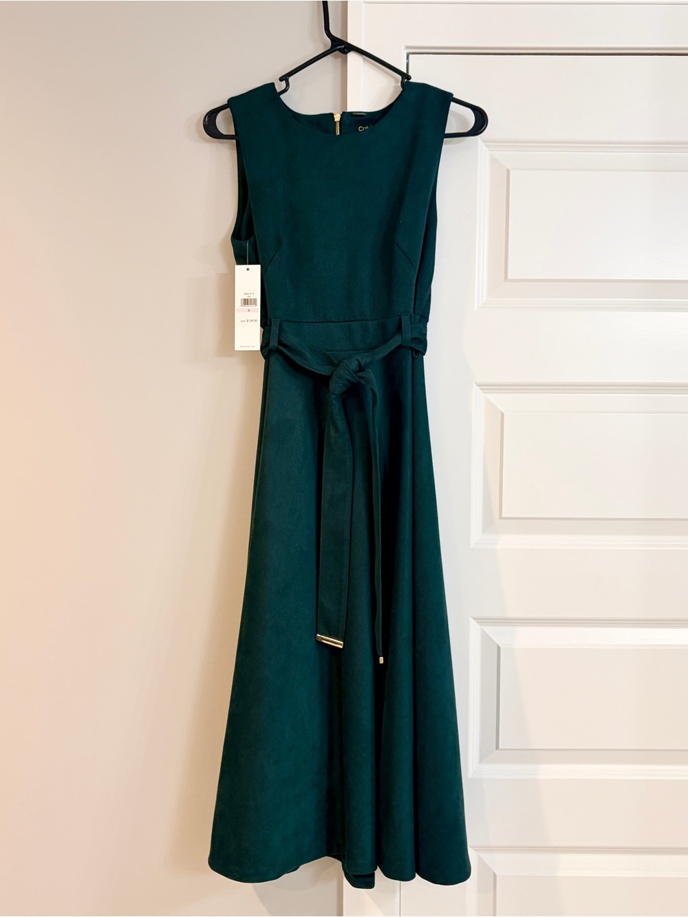 Calvin Klein Faux Suede Green Midi Belted Dress, New with Tags